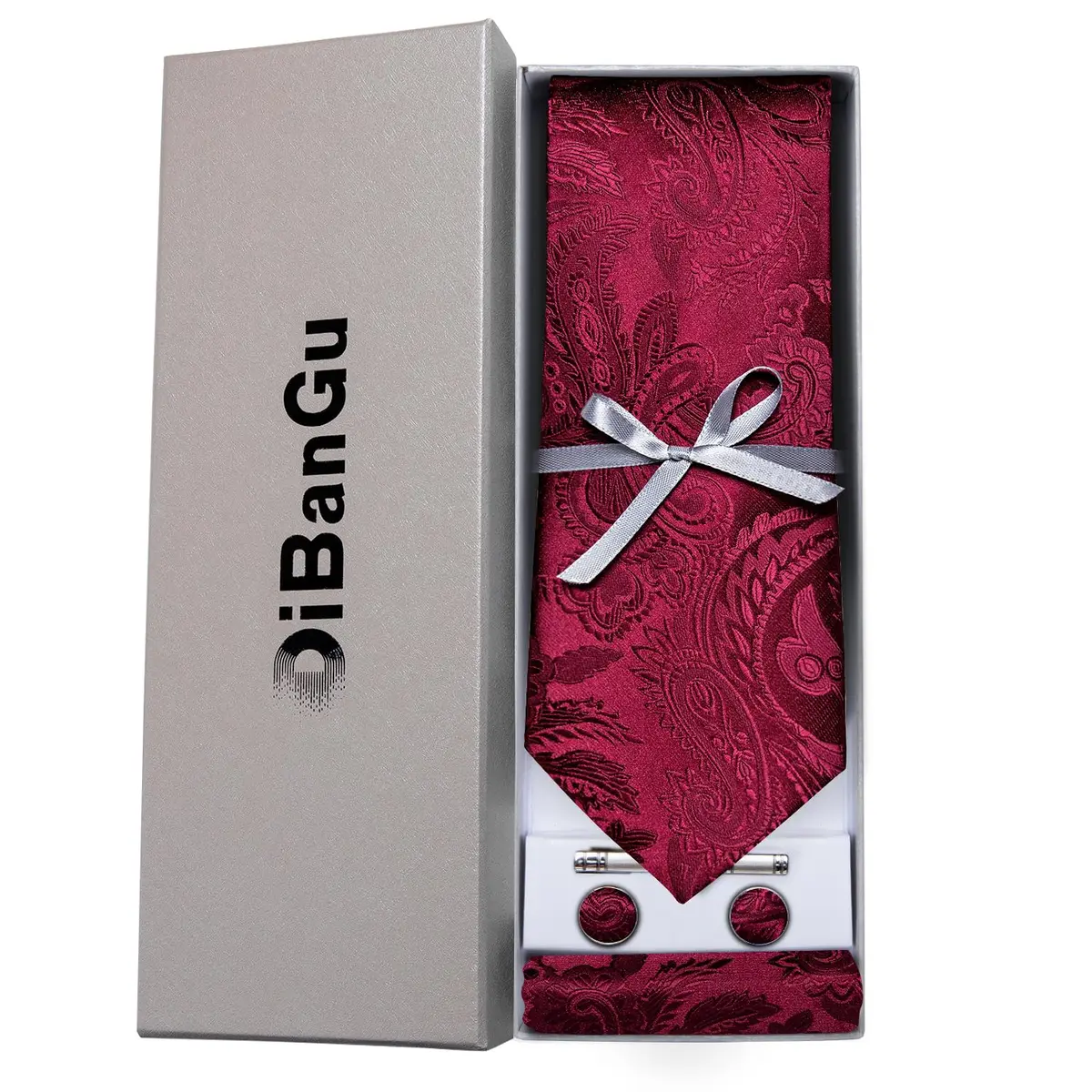 DiBanGu Paisley Silk Necktie and Pocket Square Set for Men | Burgundy, 150cm (59") x 8.1cm (3.15") - view 3