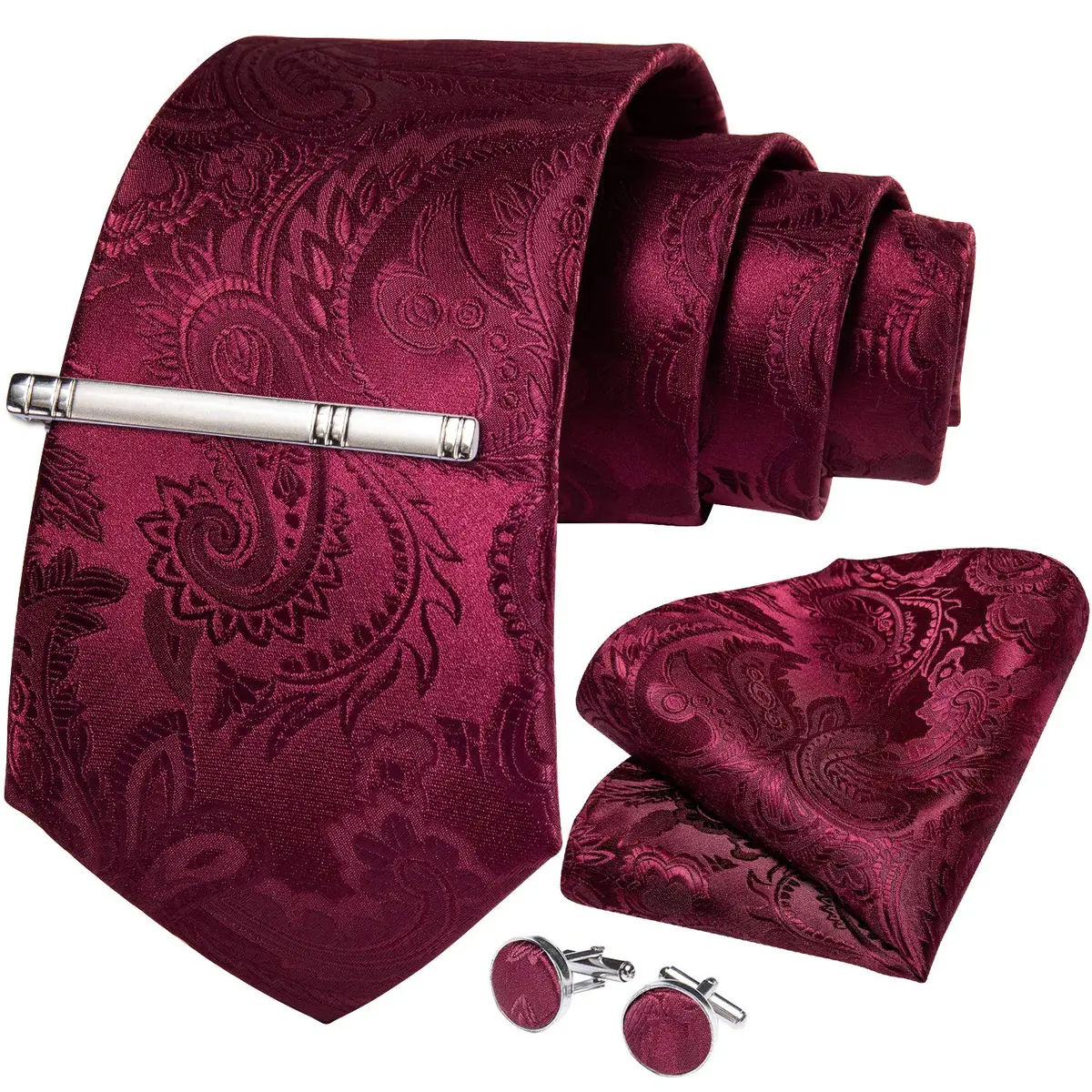 DiBanGu Paisley Silk Necktie and Pocket Square Set for Men | Burgundy, 150cm (59") x 8.1cm (3.15") - view 4