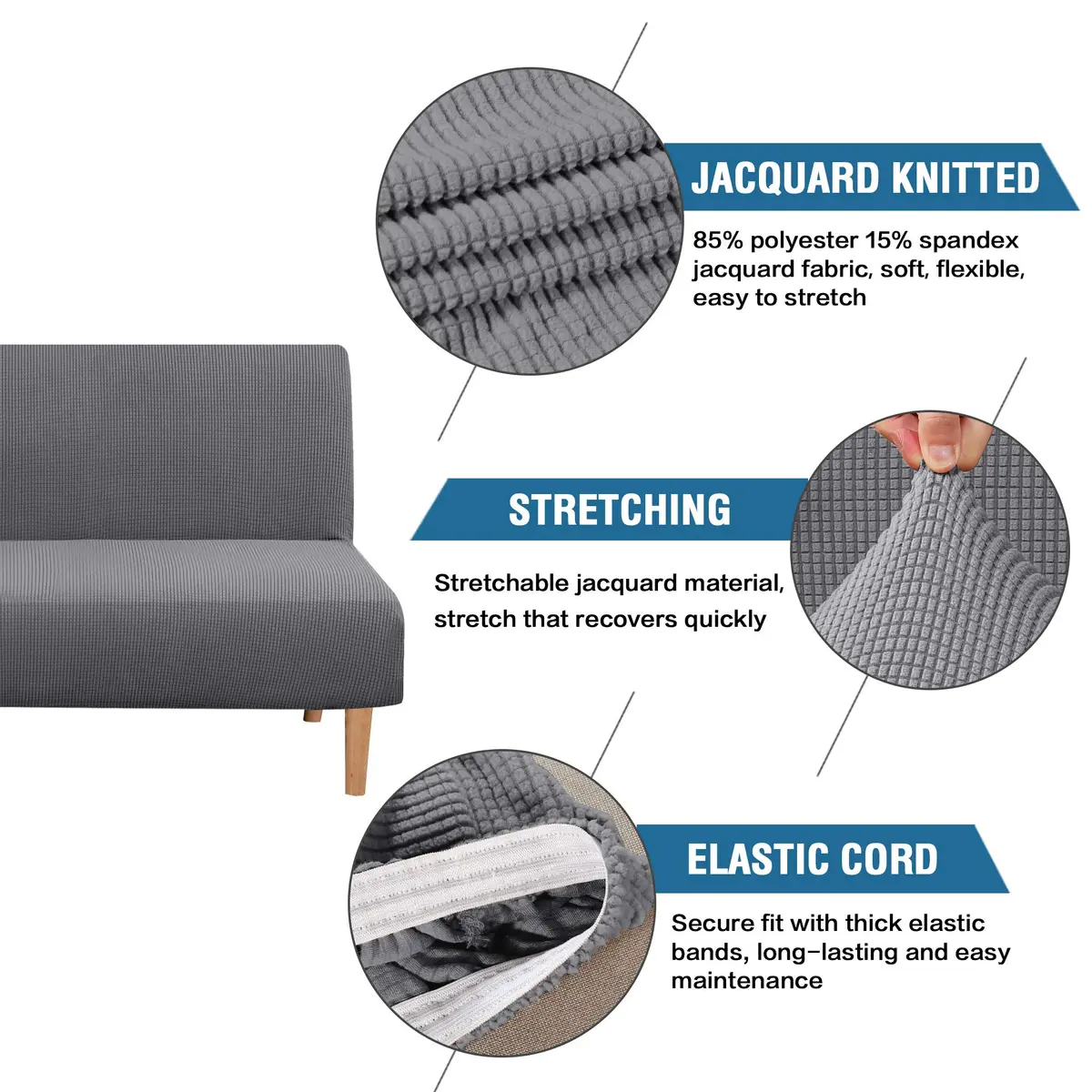 H.VERSAILTEX Armless Futon Cover Stretch Sofa Bed Slipcover Gray | Elastic, Machine Washable - view 2