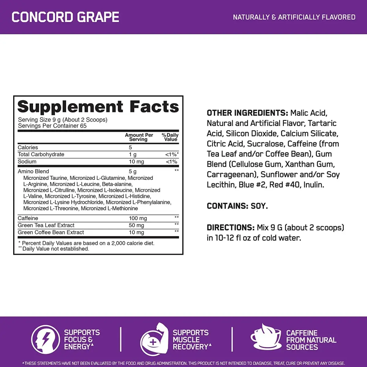 Optimum Nutrition Amino Energy Powder Concord Grape 65 Servings + Sparkling Drink Grape 12 Count | Essential Amino Acids & Electrolytes - view 3
