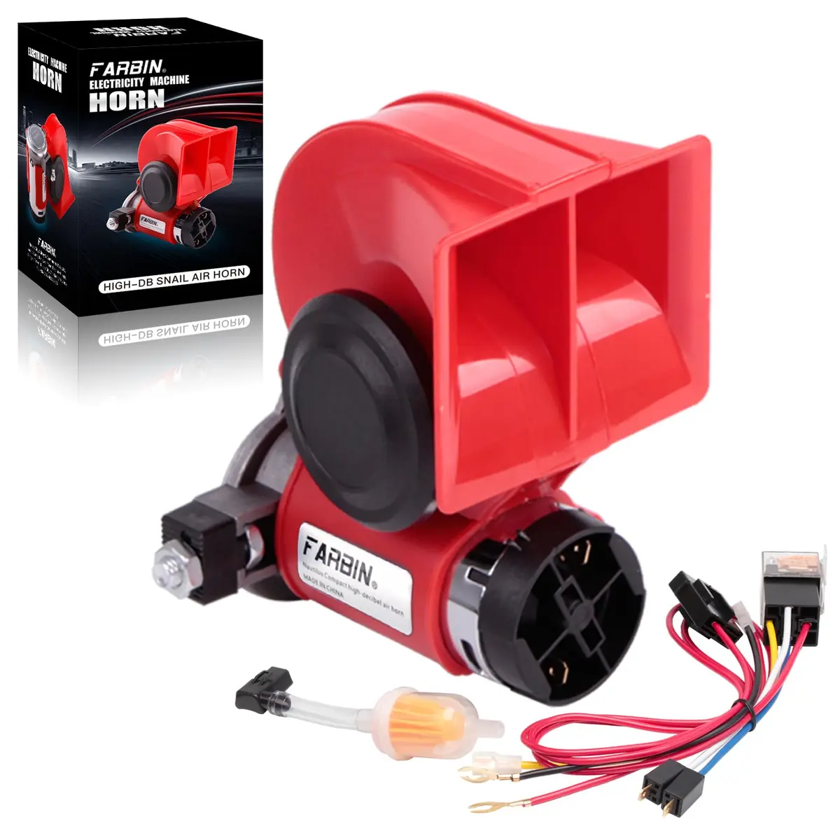 FARBIN 150dB Air Horn with Compressor 12V 1.87 lbs (Red Horn) | Loud Train Horn Kit for Trucks, Cars, Motorcycles - main product image