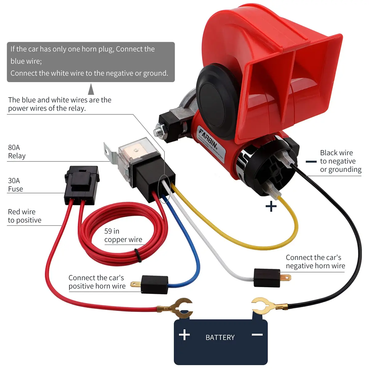 FARBIN 150dB Air Horn with Compressor 12V 1.87 lbs (Red Horn) | Loud Train Horn Kit for Trucks, Cars, Motorcycles - view 6