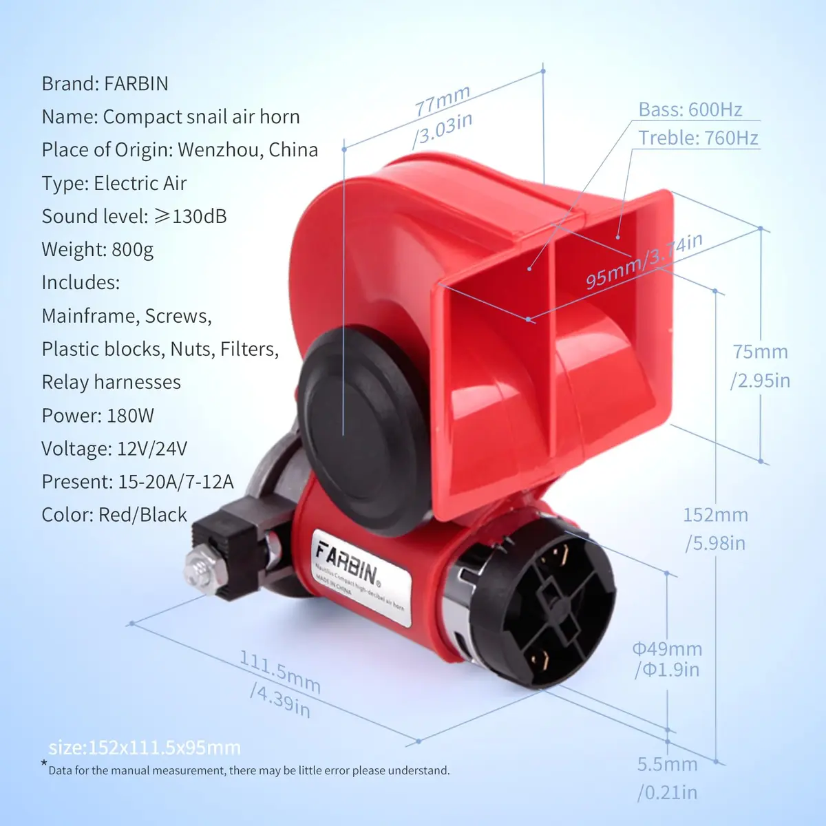 FARBIN 150dB Air Horn with Compressor 12V 1.87 lbs (Red Horn) | Loud Train Horn Kit for Trucks, Cars, Motorcycles - view 3