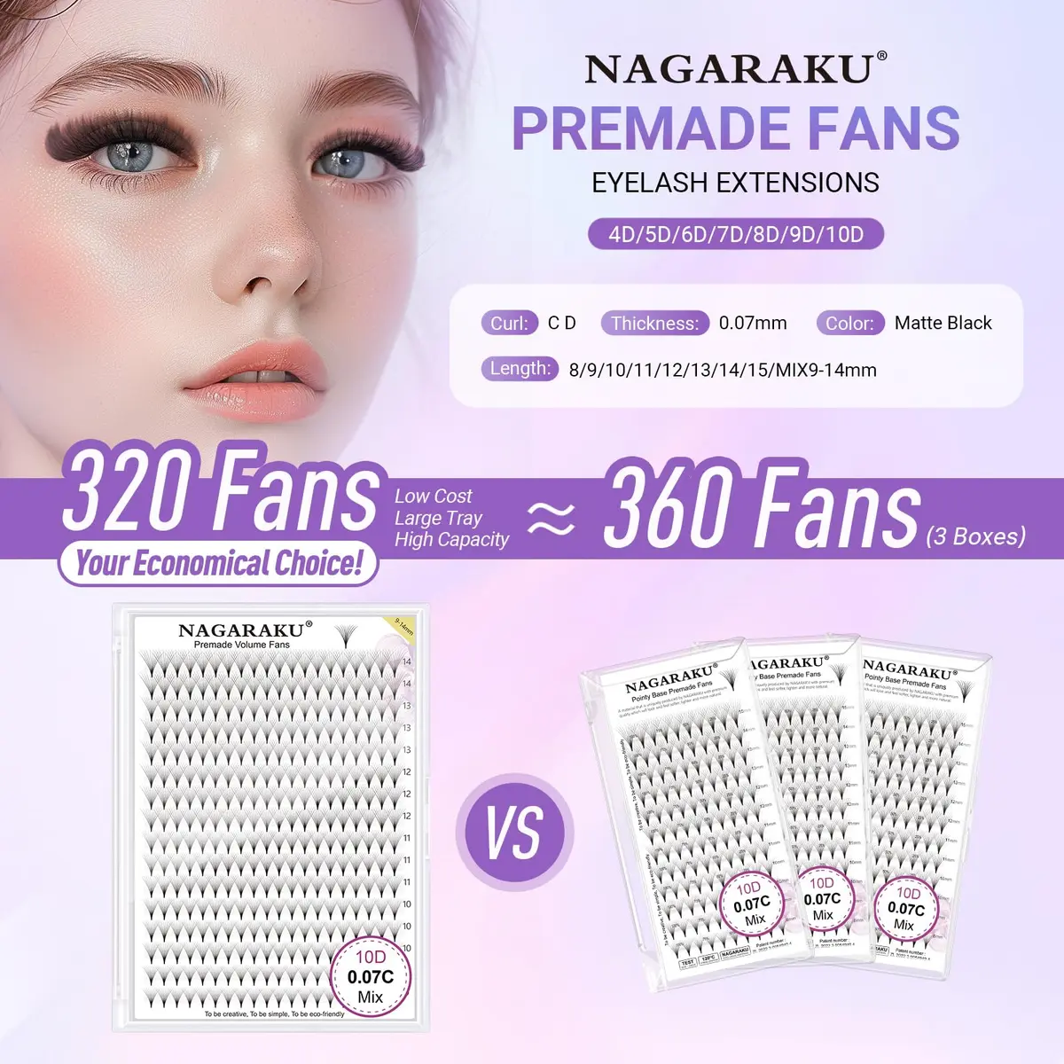 NAGARAKU 6D Premade Volume Fans 0.07 C Curl 10mm 320 Fans | Professional Salon Lash Extensions - view 7