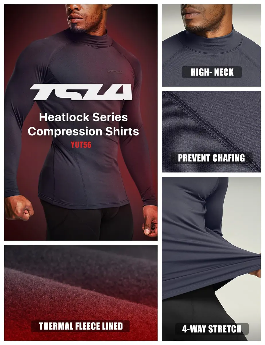 TSLA Men's Thermal Long Sleeve Compression Shirts | Mock/Turtleneck Winter Sports Base Layer Top, Charcoal, X-Small - view 3