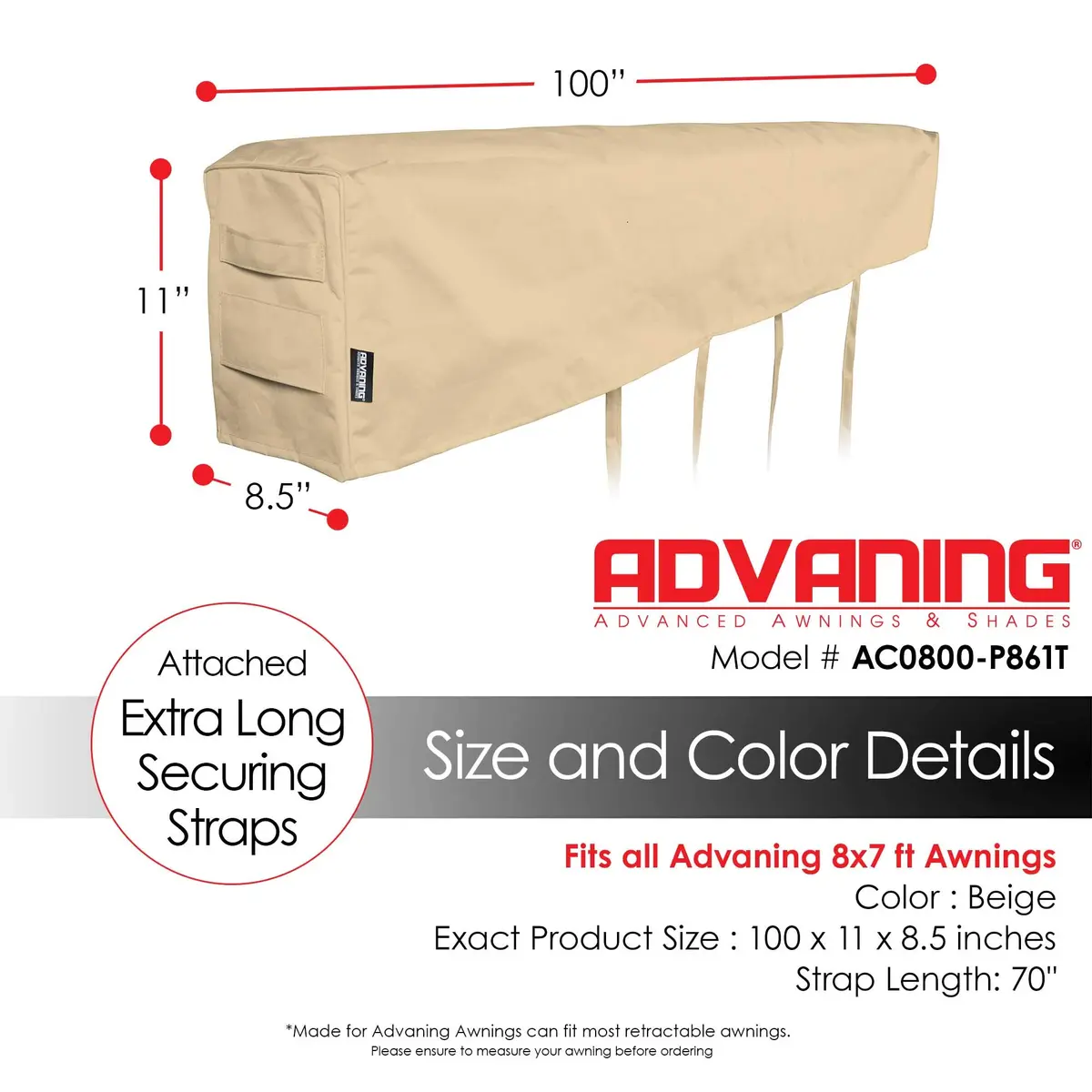 ADVANING All-Weather Protective Cover for 8' Wide Retractable Awnings | Beige, Waterproof & UV Resistant - view 3