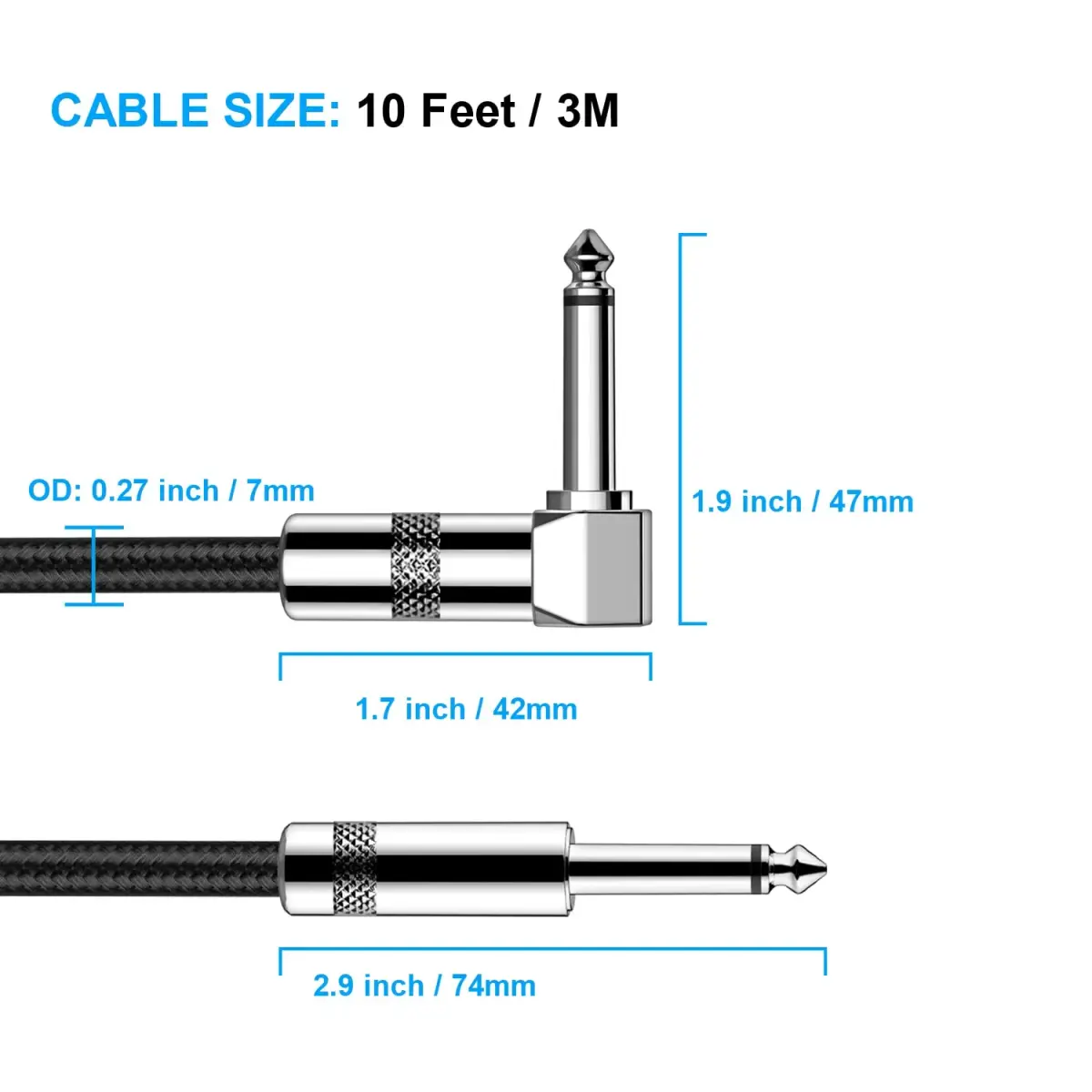New Bee 10ft Black Right-Angle Guitar Cable for Electric Bass & AMP - view 2