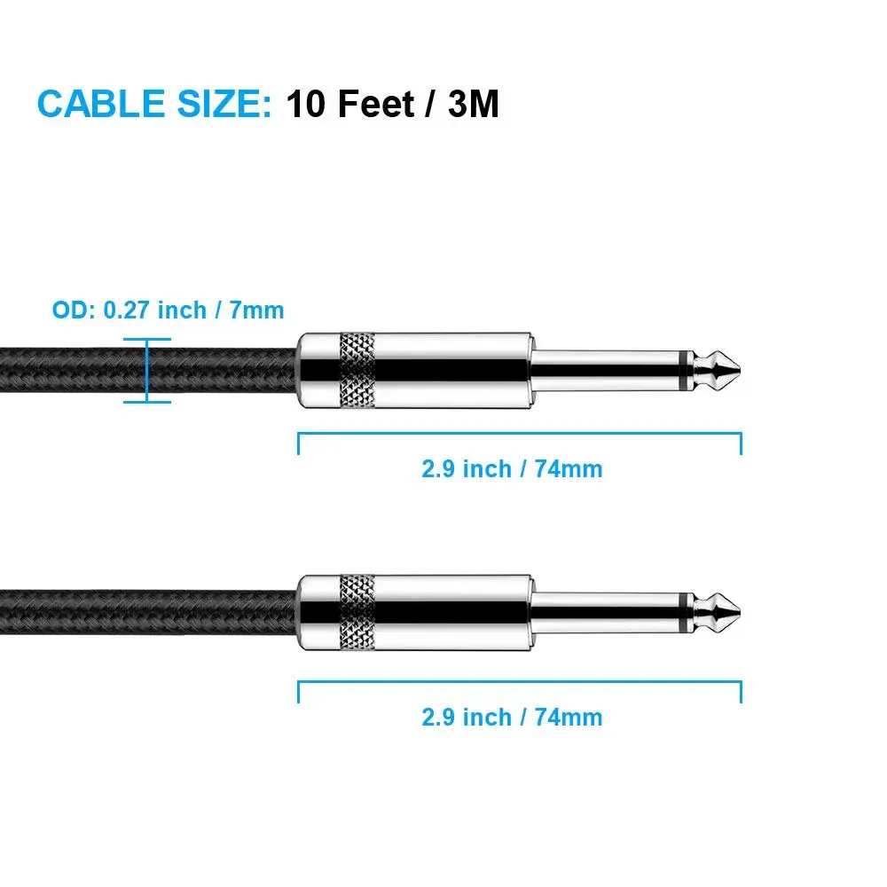 New Bee 10ft Black Straight Guitar Cable for Electric Instruments - view 3
