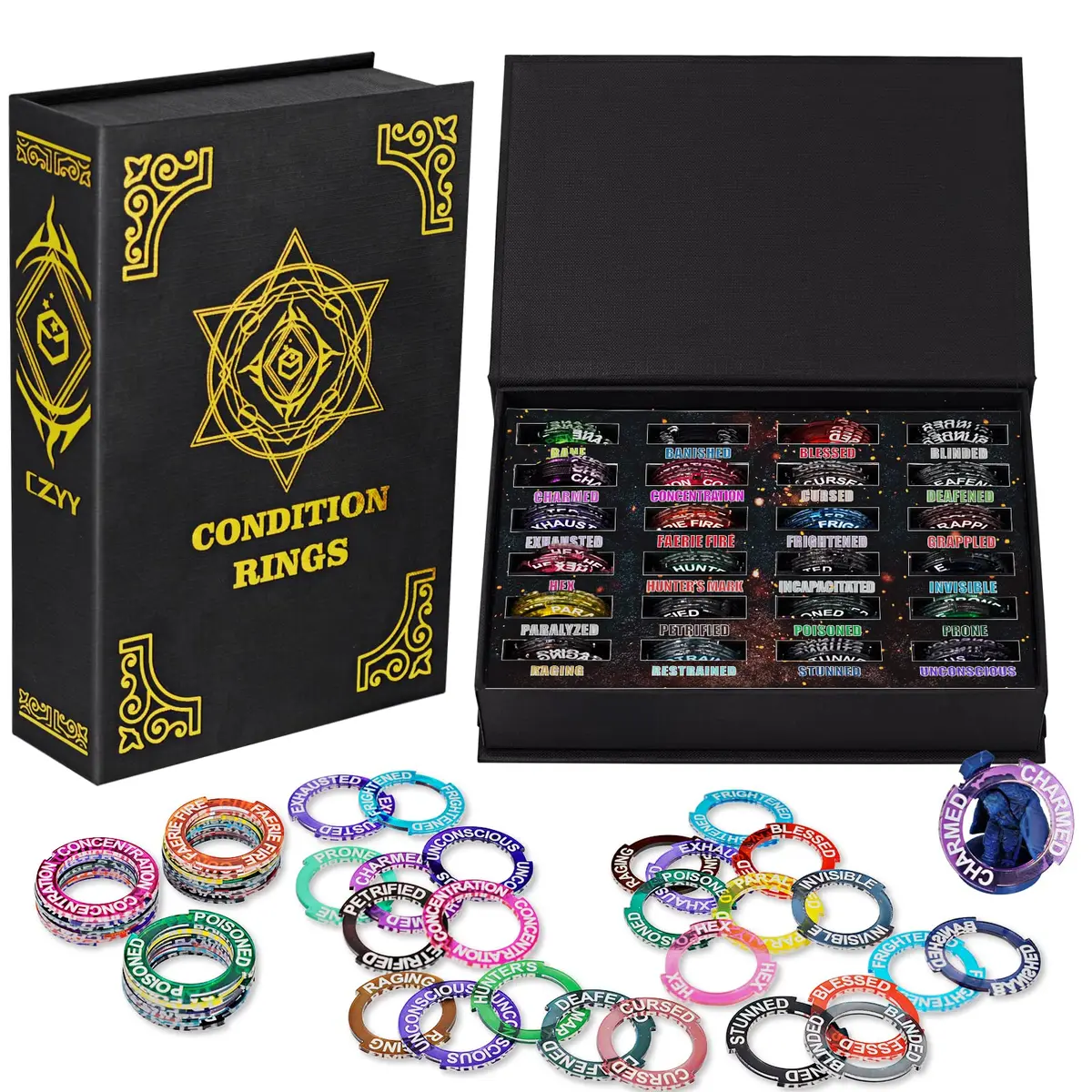 CZYY RPG Condition Rings, 96 Status Effect Markers with Storage Box | D&D 5E Compatible, Fantasy Theme - main product image