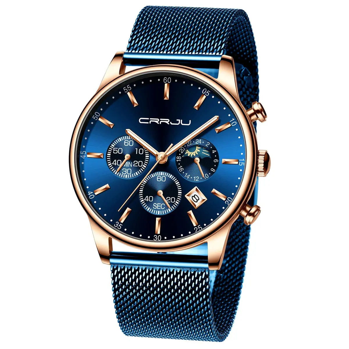 CRRJU Men's Blue Date Quartz Watch 42mm | Waterproof Casual Stainless Steel Mesh Strap - main product image