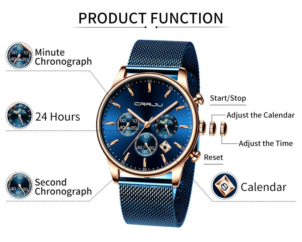 CRRJU Men's Blue Date Quartz Watch 42mm | Waterproof Casual Stainless Steel Mesh Strap - view 5