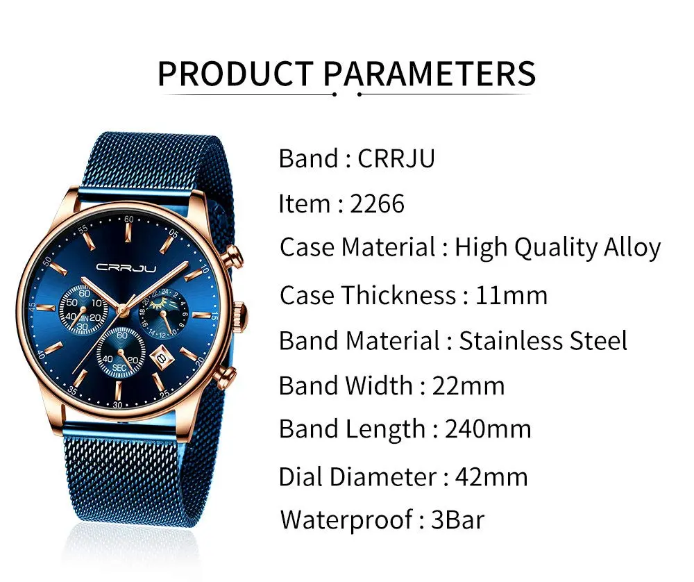 CRRJU Men's Blue Date Quartz Watch 42mm | Waterproof Casual Stainless Steel Mesh Strap - view 6
