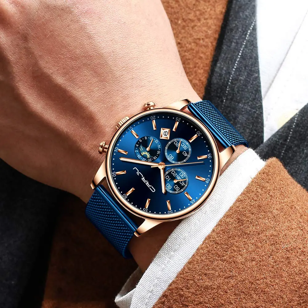 CRRJU Men's Blue Date Quartz Watch 42mm | Waterproof Casual Stainless Steel Mesh Strap - view 7