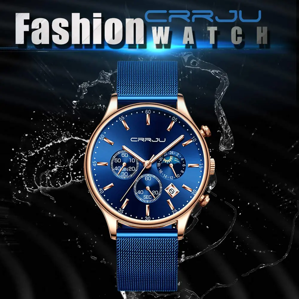 CRRJU Men's Blue Date Quartz Watch 42mm | Waterproof Casual Stainless Steel Mesh Strap - view 8