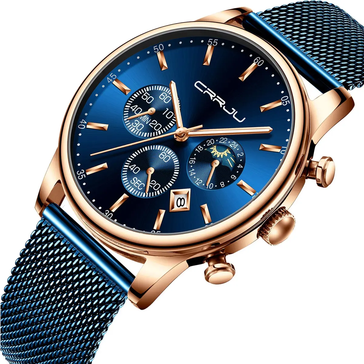 CRRJU Men's Blue Date Quartz Watch 42mm | Waterproof Casual Stainless Steel Mesh Strap - view 2