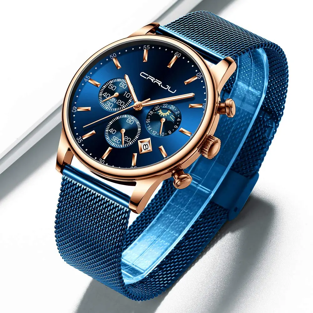 CRRJU Men's Blue Date Quartz Watch 42mm | Waterproof Casual Stainless Steel Mesh Strap - view 3