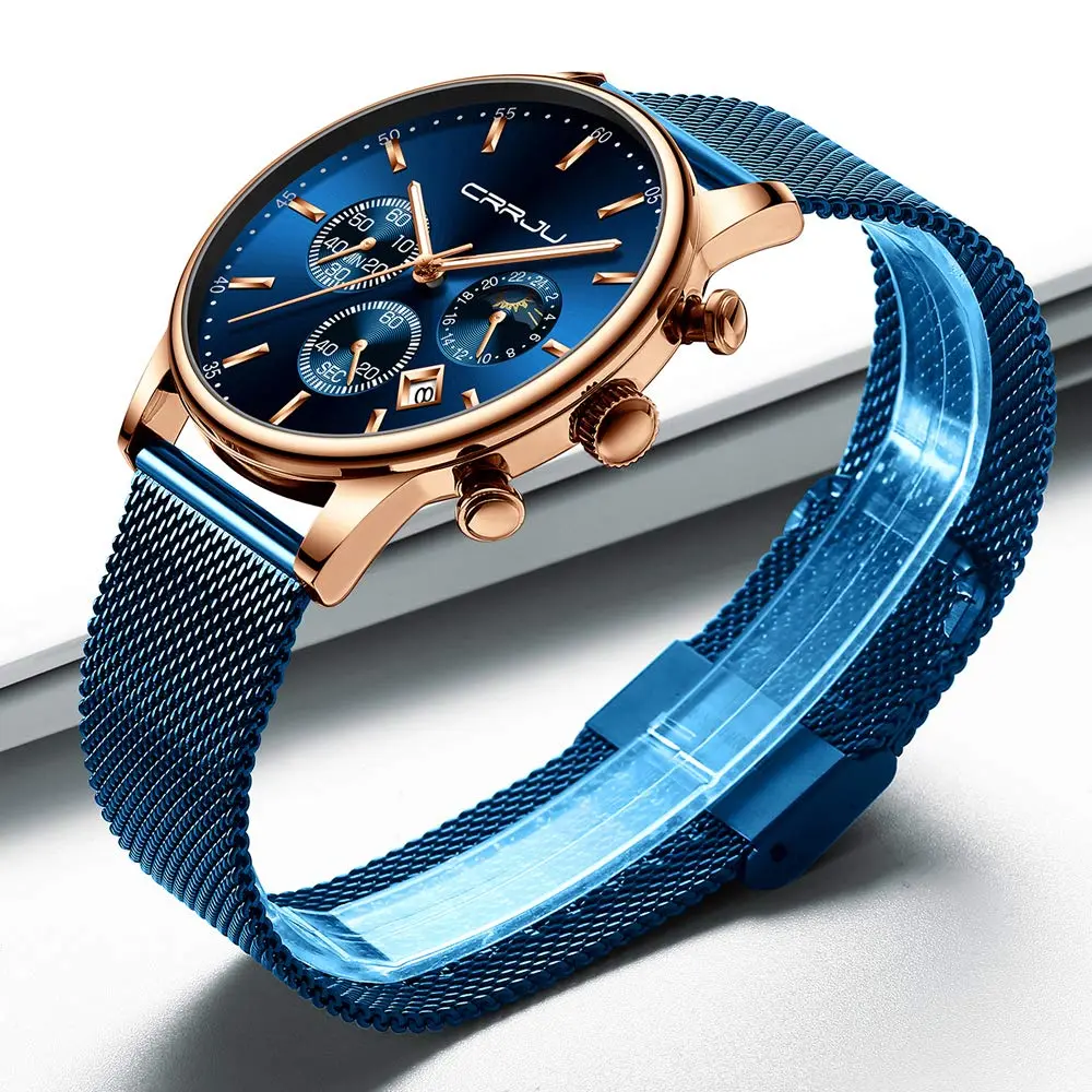 CRRJU Men's Blue Date Quartz Watch 42mm | Waterproof Casual Stainless Steel Mesh Strap - view 4