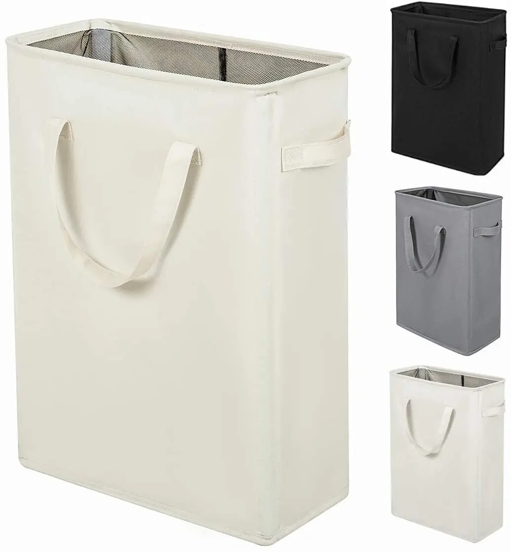 ZERO JET LAG Narrow Laundry Hamper 21" | Space-Saving Foldable Beige Laundry Basket - main product image