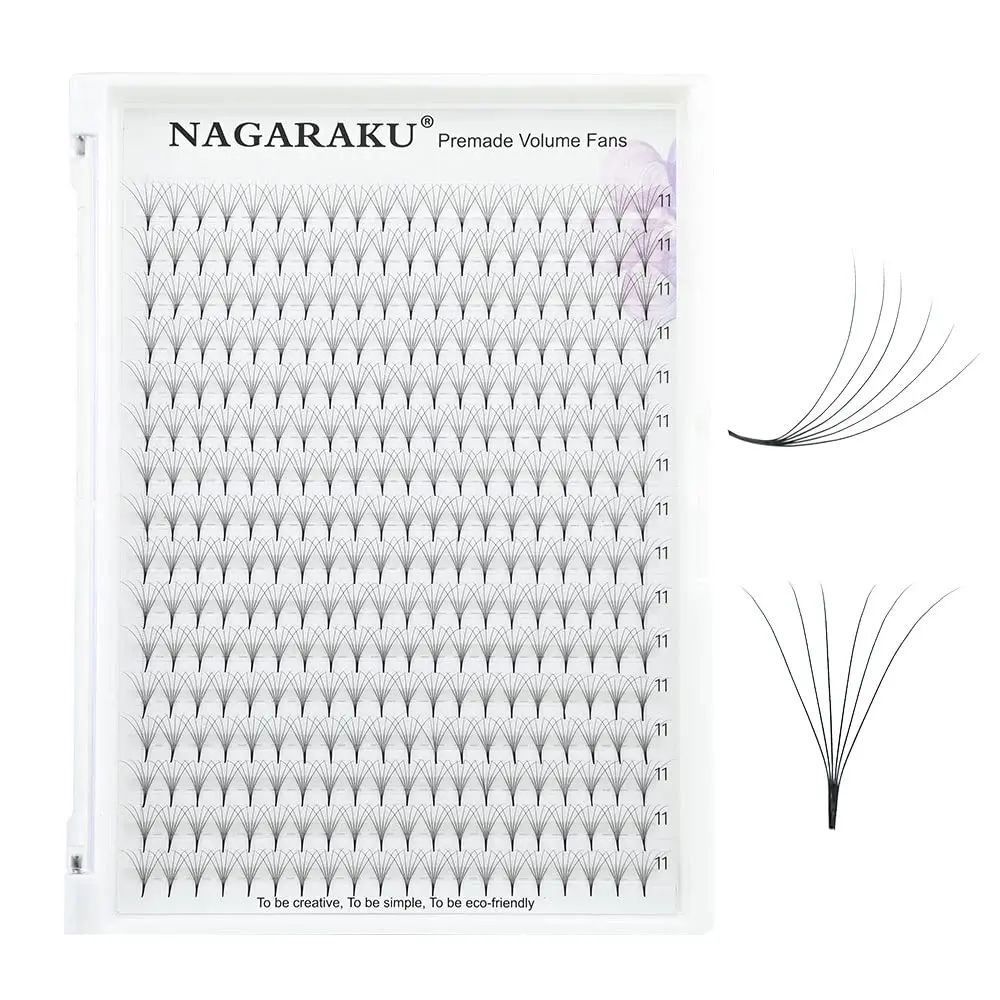 NAGARAKU Premade Fans Eyelash Extensions 11mm | 6D Volume, C & D Curl, Fluffy Matte Black, 320 Fans - main product image