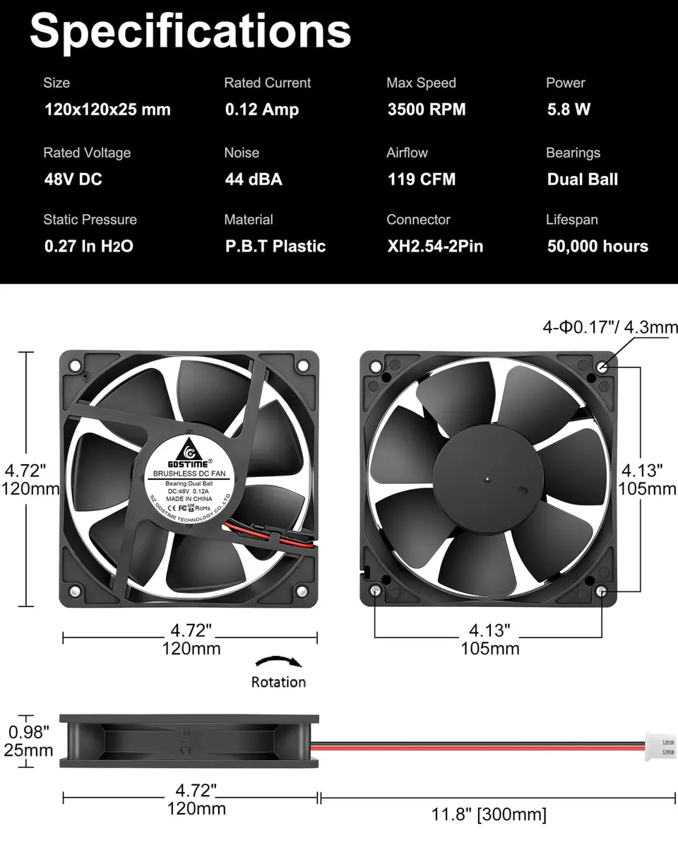 GDSTIME 120mm 48V DC Cooling Fan 12cm x 2.5cm (4.72x0.98 inches) | Dual Ball Bearing for Servers & Electronics - view 2