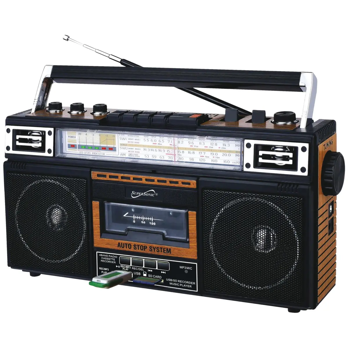 Supersonic SC-3201BT Retro Boombox with Bluetooth, Cassette Player & Radio | 4-Band AM/FM/SW, USB/SD MP3 Playback, 3-Band EQ - main product image