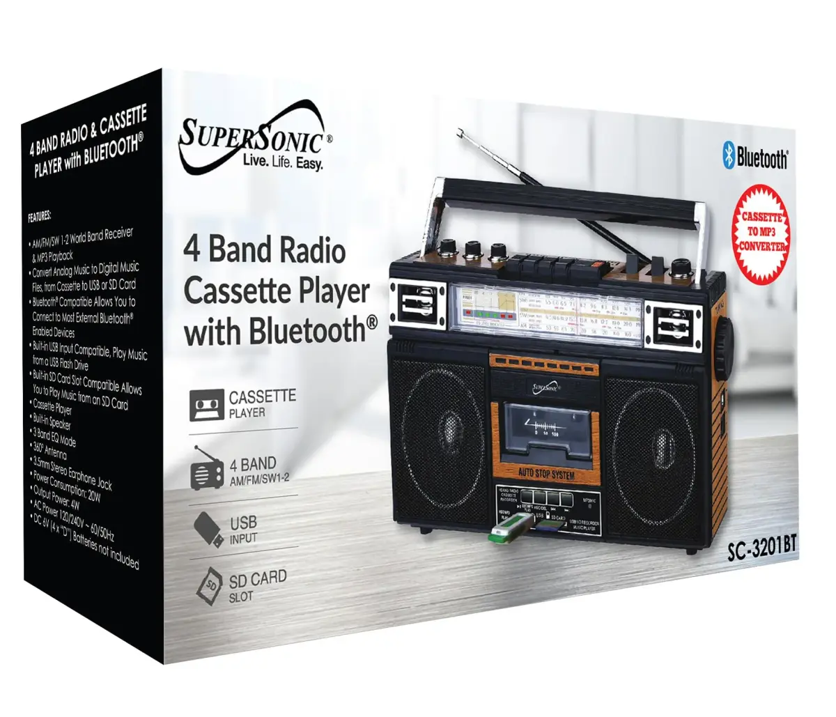 Supersonic SC-3201BT Retro Boombox with Bluetooth, Cassette Player & Radio | 4-Band AM/FM/SW, USB/SD MP3 Playback, 3-Band EQ - view 4