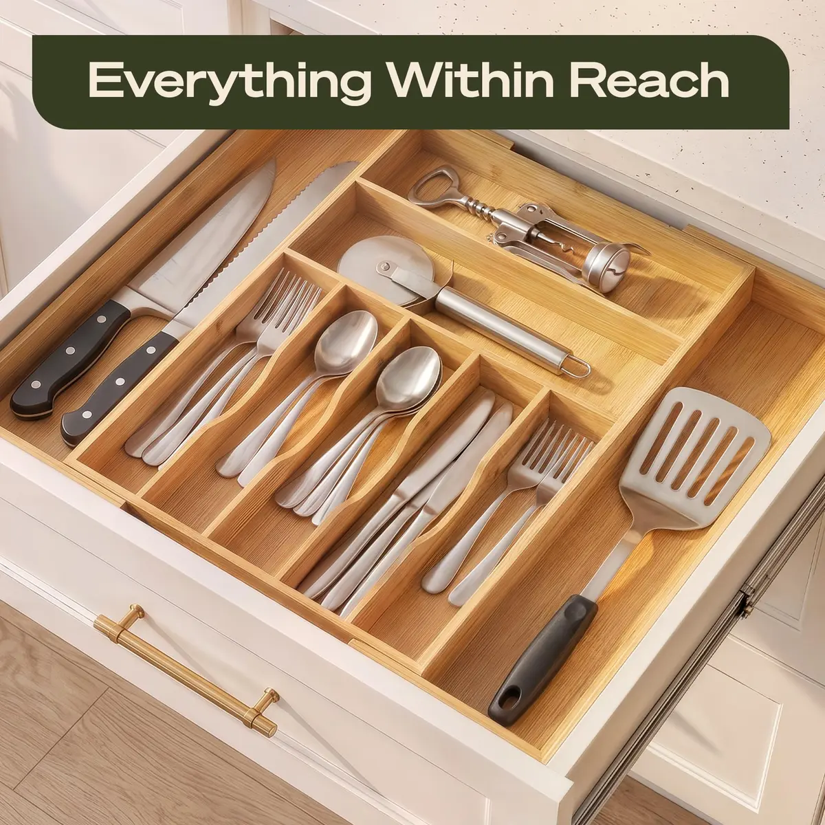 ROYAL CRAFT WOOD Silver Caddy Expandable Bamboo Kitchen Drawer Organizer, 9 Slot | Versatile Flatware & Utensil Storage (70-120c) - view 6