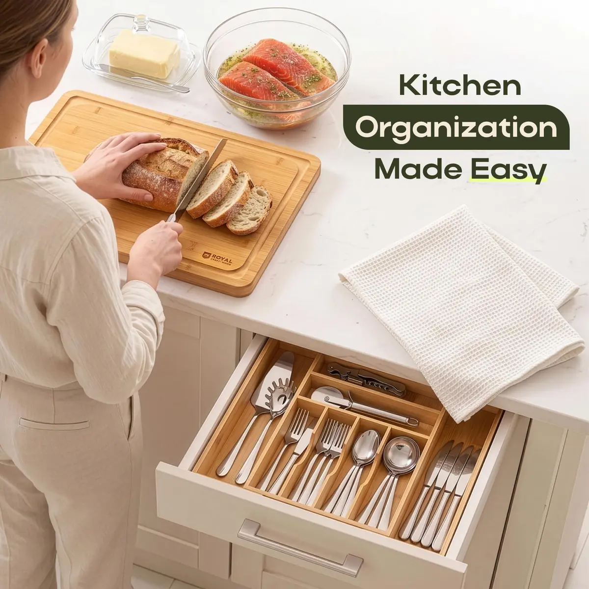 ROYAL CRAFT WOOD Silver Caddy Expandable Bamboo Kitchen Drawer Organizer, 9 Slot | Versatile Flatware & Utensil Storage (70-120c) - view 9