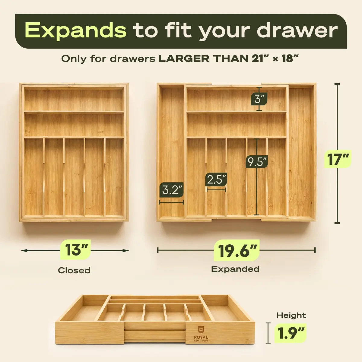 ROYAL CRAFT WOOD Silver Caddy Expandable Bamboo Kitchen Drawer Organizer, 9 Slot | Versatile Flatware & Utensil Storage (70-120c) - view 2