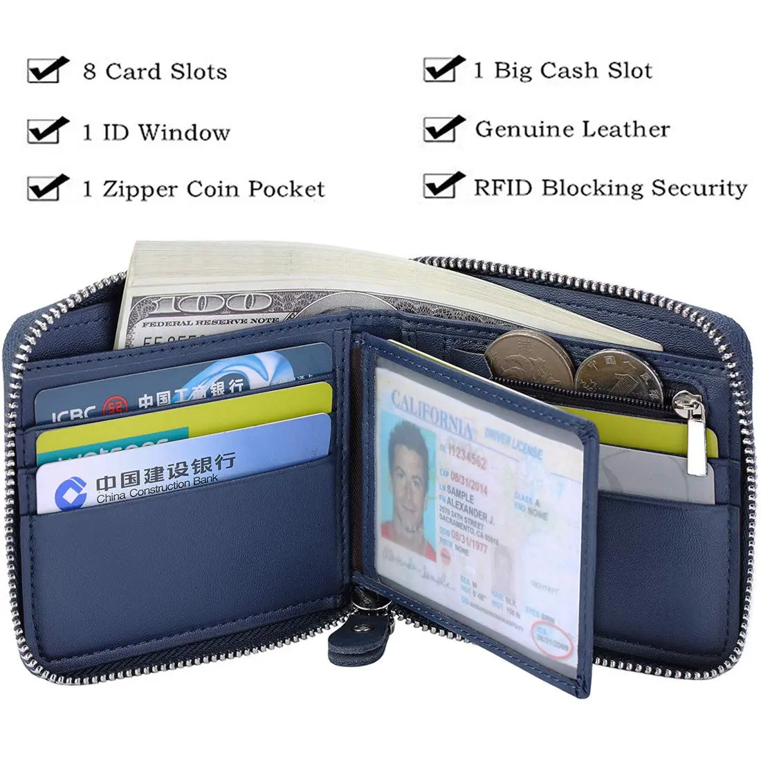 Huztencor RFID Blocking Zipper Wallet for Men, Carbon Fiber Blue, 11.5cm (4.5") | Genuine Leather Bifold Card Holder Purse - view 5