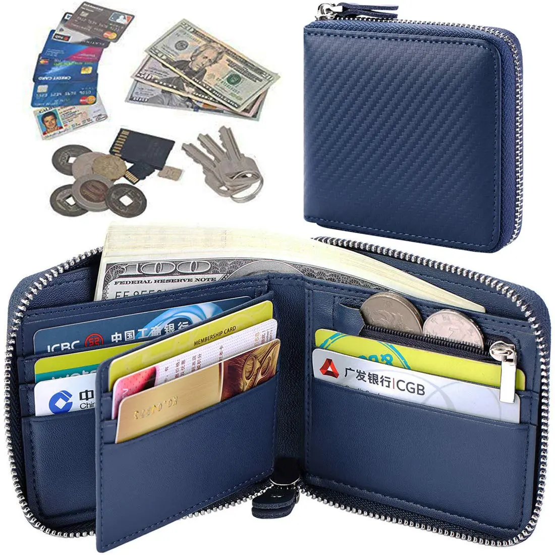 Huztencor RFID Blocking Zipper Wallet for Men, Carbon Fiber Blue, 11.5cm (4.5") | Genuine Leather Bifold Card Holder Purse - view 6