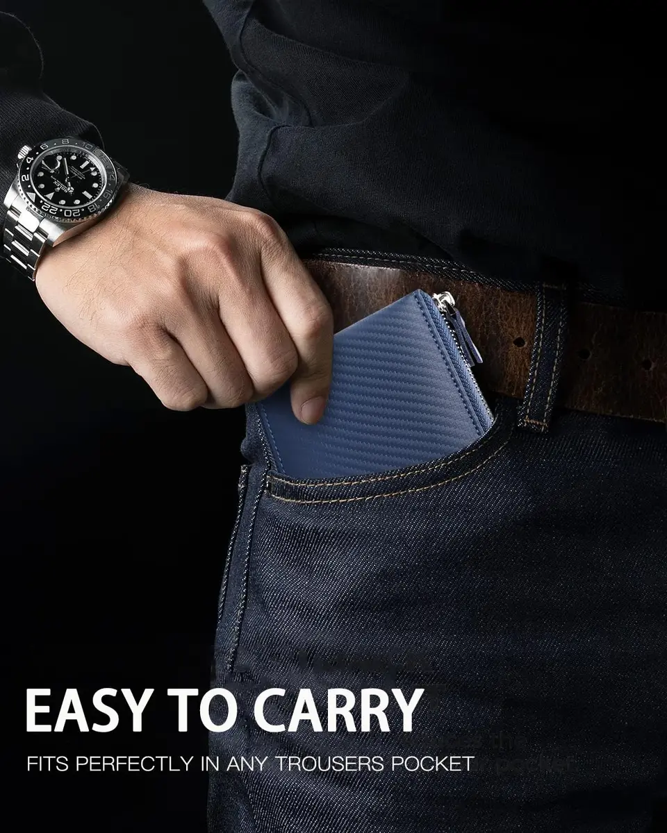 Huztencor RFID Blocking Zipper Wallet for Men, Carbon Fiber Blue, 11.5cm (4.5") | Genuine Leather Bifold Card Holder Purse - view 2
