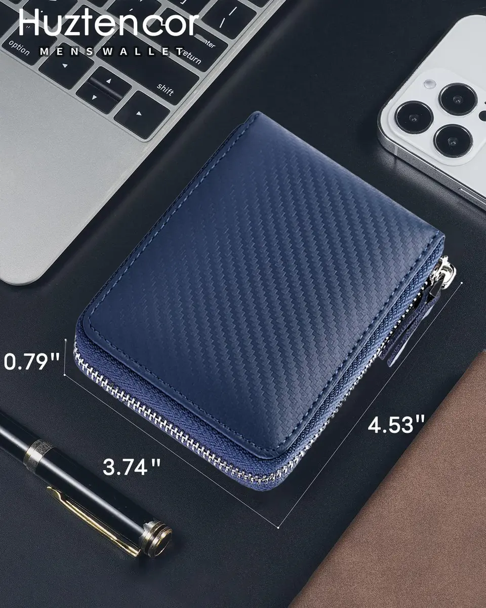 Huztencor RFID Blocking Zipper Wallet for Men, Carbon Fiber Blue, 11.5cm (4.5") | Genuine Leather Bifold Card Holder Purse - view 3
