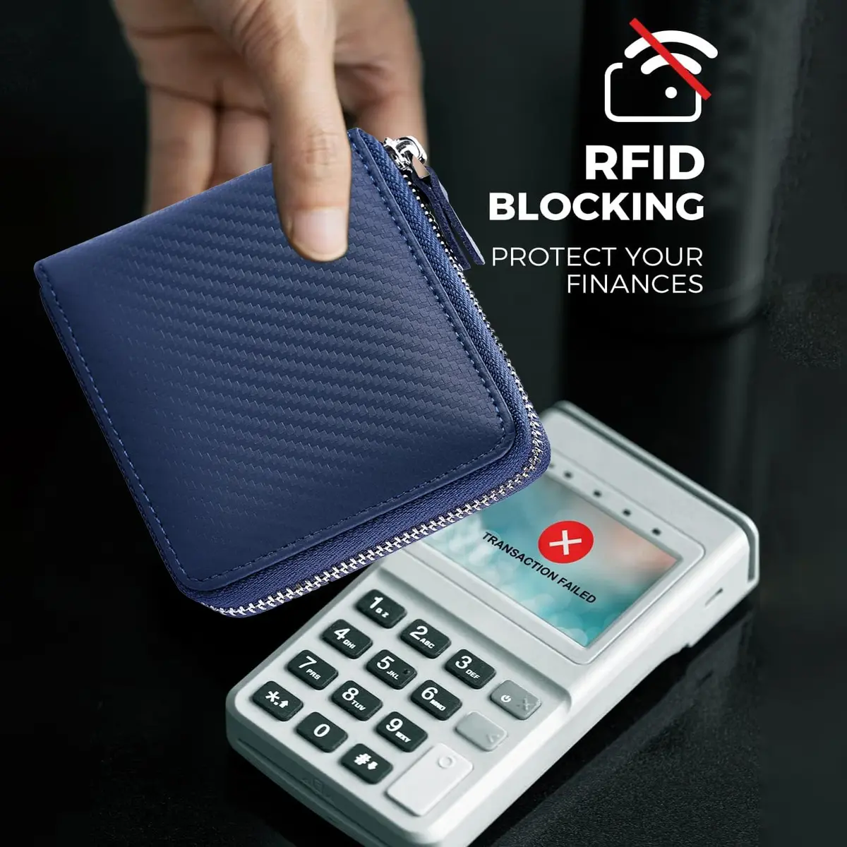 Huztencor RFID Blocking Zipper Wallet for Men, Carbon Fiber Blue, 11.5cm (4.5") | Genuine Leather Bifold Card Holder Purse - view 4