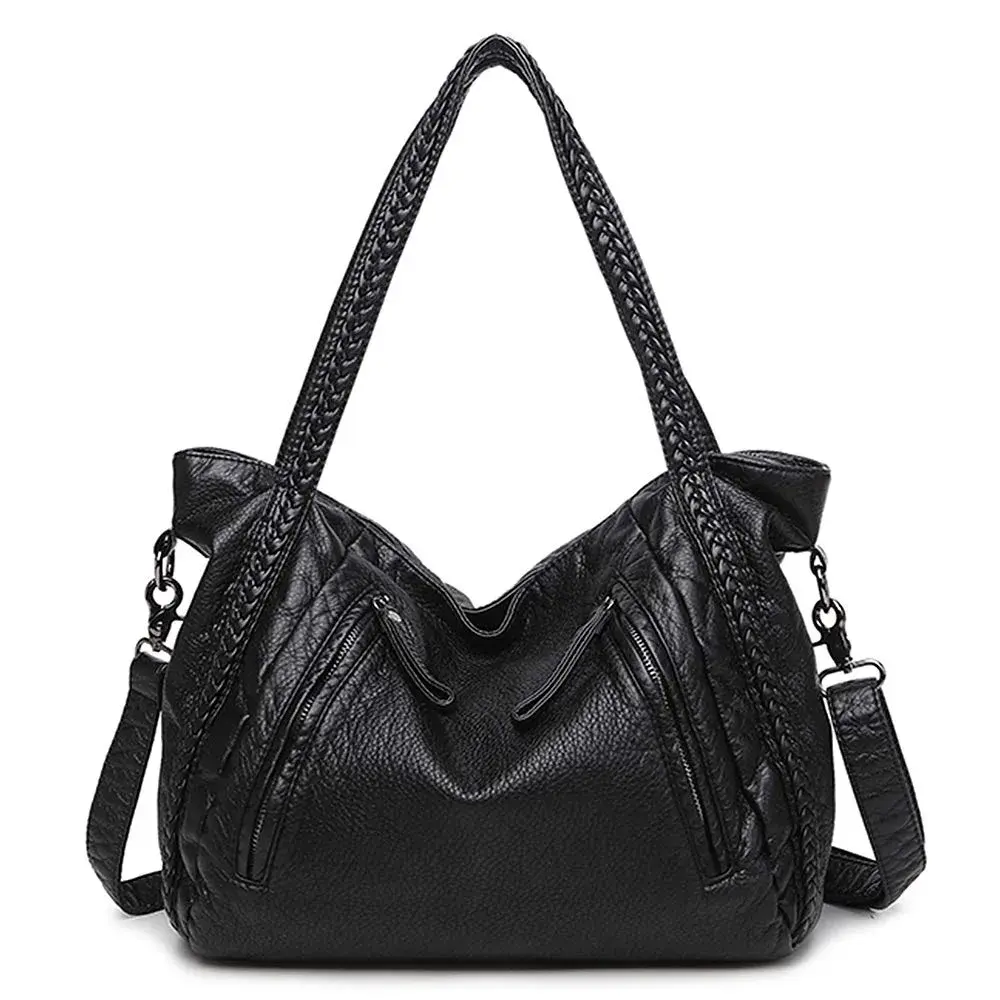 Mn&Sue Vegan Leather Hobo Bag for Women, Medium | Slouchy Shoulder Handbag with Braided Handle - view 4