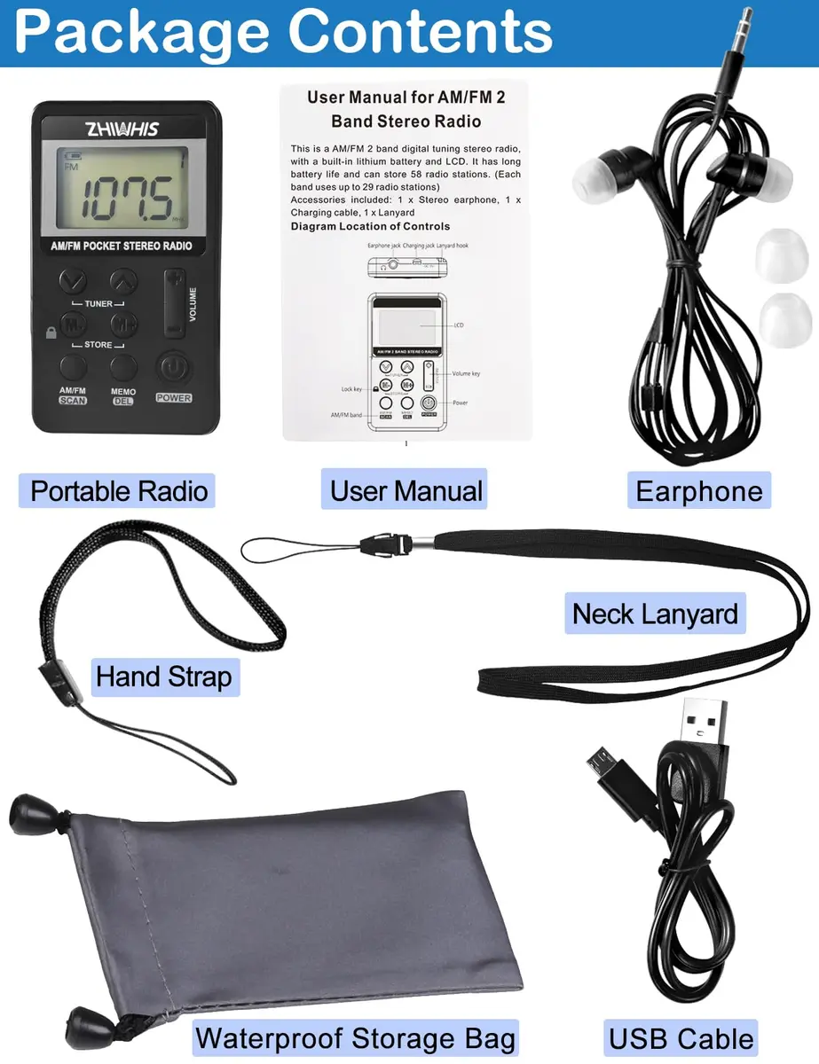 ZHIWHIS Portable Radio AM FM Rechargeable Battery Pocket Walkman with Lock & Earphone, 64-108MHz FM, 520-1710KHz AM, 500mAh, Black - view 6