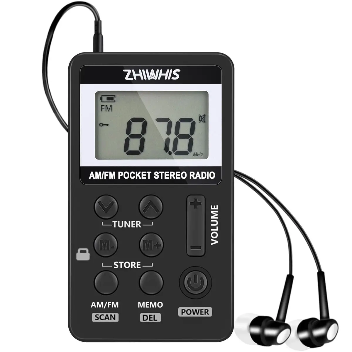ZHIWHIS Portable Radio AM FM Rechargeable Battery Pocket Walkman with Lock & Earphone, 64-108MHz FM, 520-1710KHz AM, 500mAh, Black - main product image