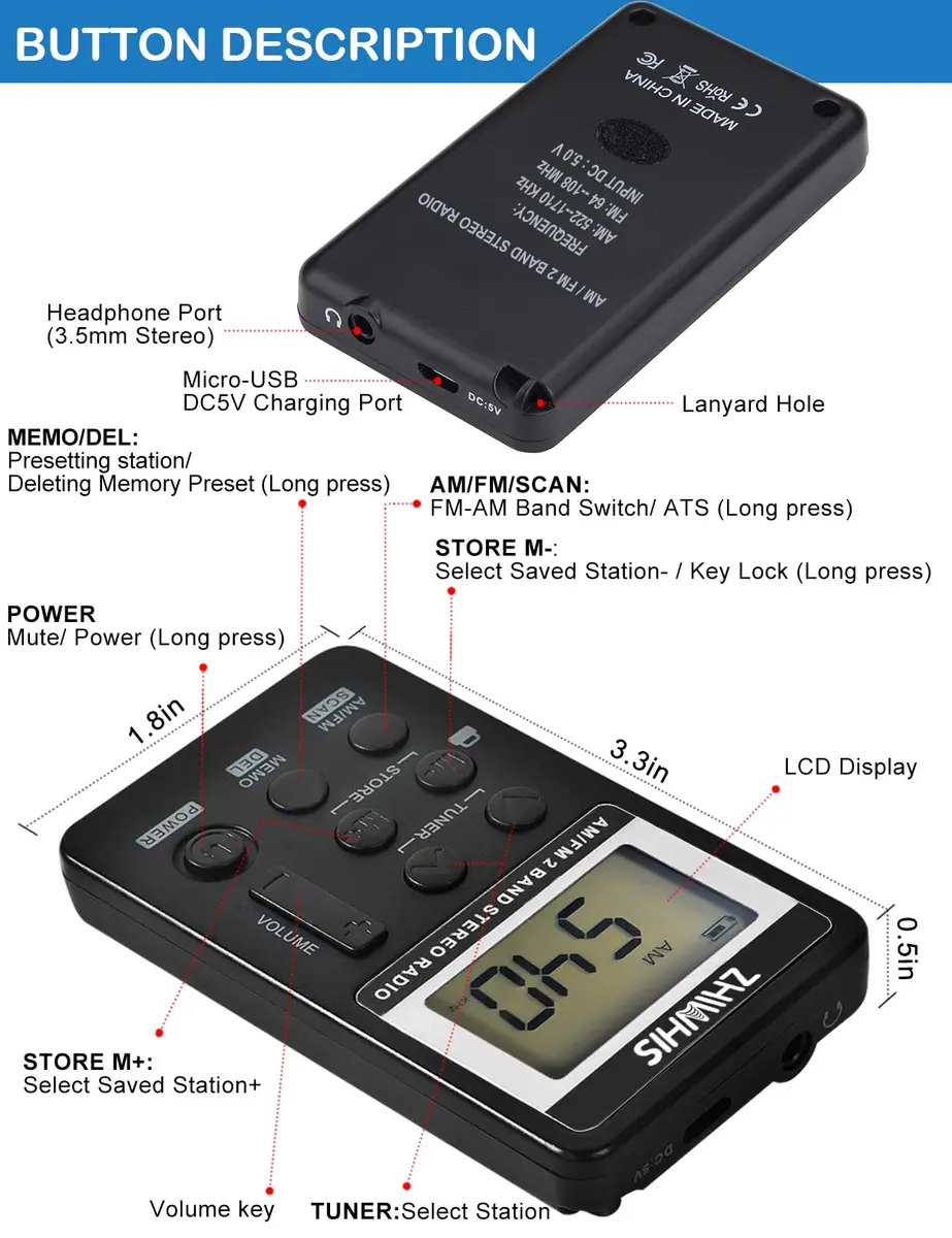 ZHIWHIS Portable Radio AM FM Rechargeable Battery Pocket Walkman with Lock & Earphone, 64-108MHz FM, 520-1710KHz AM, 500mAh, Black - view 7