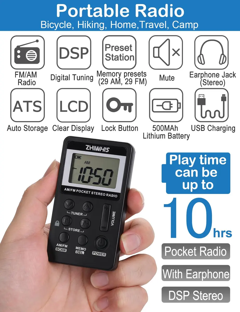 ZHIWHIS Portable Radio AM FM Rechargeable Battery Pocket Walkman with Lock & Earphone, 64-108MHz FM, 520-1710KHz AM, 500mAh, Black - view 2