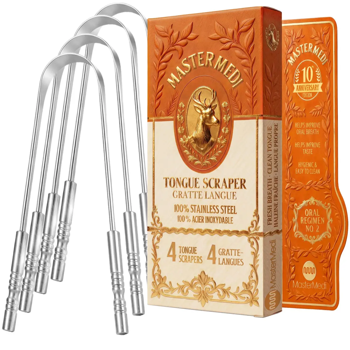mastermedi Stainless Steel Tongue Scraper Family Pack (4 pcs) | Removes Bad Breath, Enhances Taste - main product image