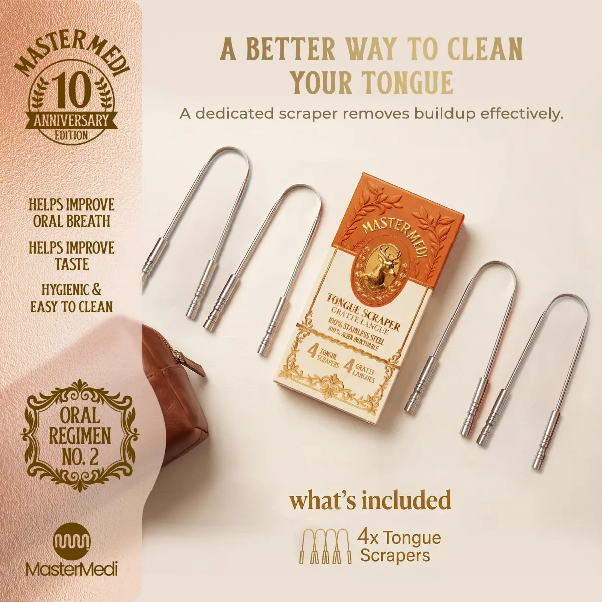 mastermedi Stainless Steel Tongue Scraper Family Pack (4 pcs) | Removes Bad Breath, Enhances Taste - view 5