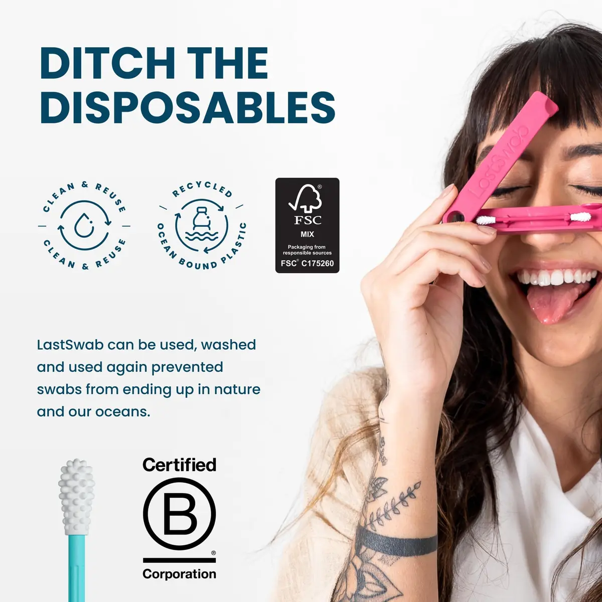 LastSwab Reusable Cotton Swabs & Q-Tips - Washable Silicone Ear Swabs, Eco-Friendly Zero Waste Alternative with Travel Case Holder - Turquoise (1 Count) - view 6