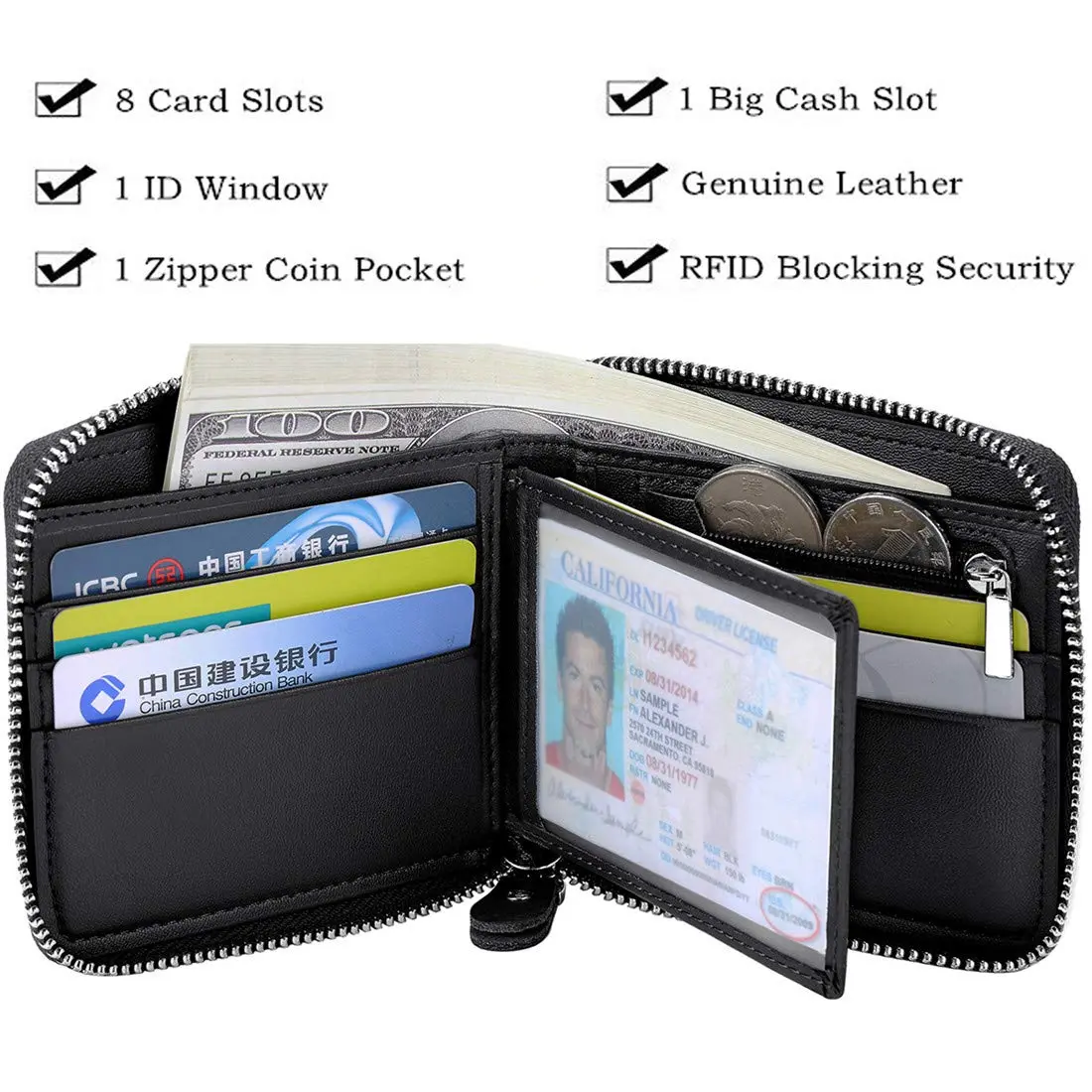 Huztencor RFID Blocking Leather Zipper Wallet for Men | Carbon Fiber Black, 11.5cm x 10.5cm x 2cm (4.5" x 4.1" x 0.8") - view 5