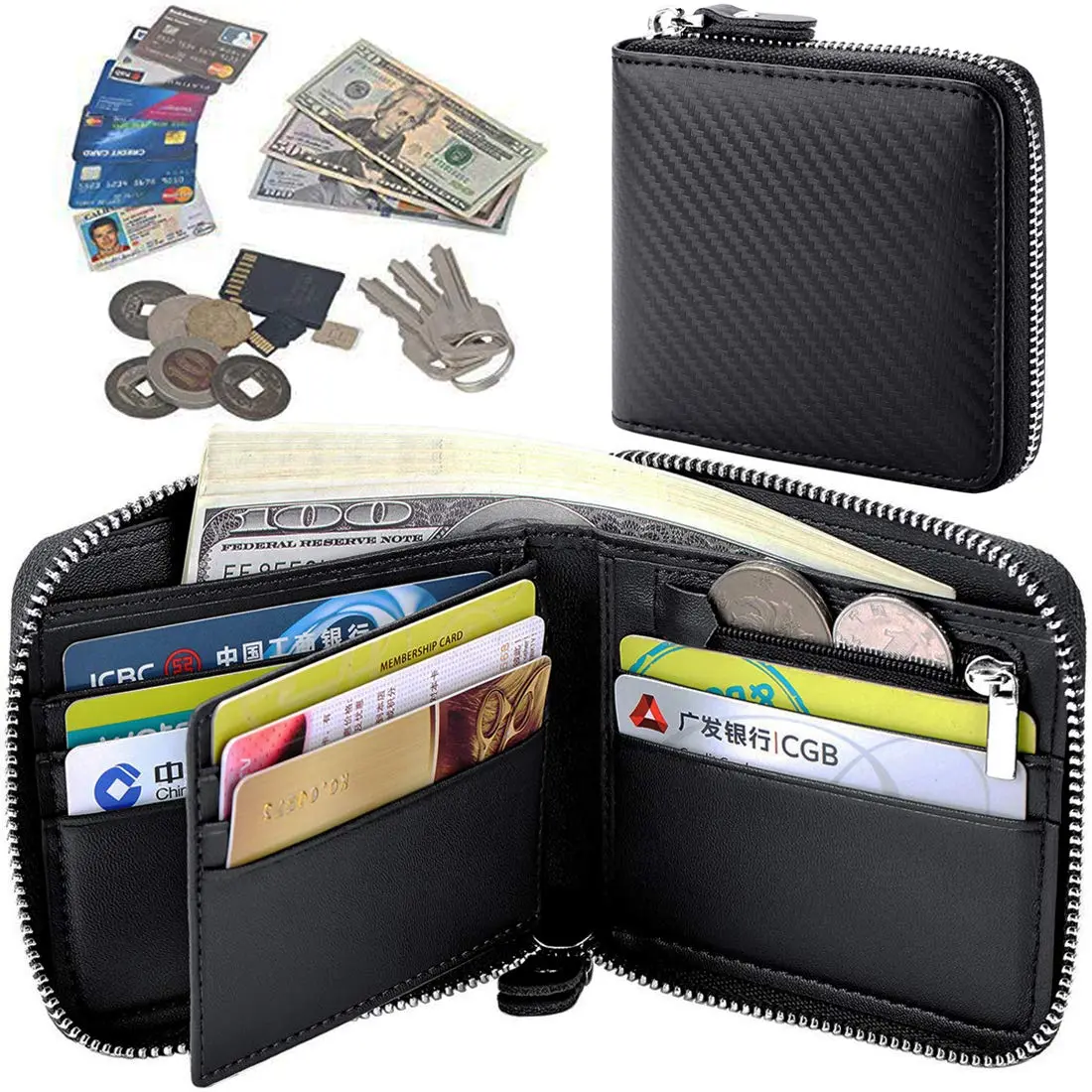 Huztencor RFID Blocking Leather Zipper Wallet for Men | Carbon Fiber Black, 11.5cm x 10.5cm x 2cm (4.5" x 4.1" x 0.8") - view 6