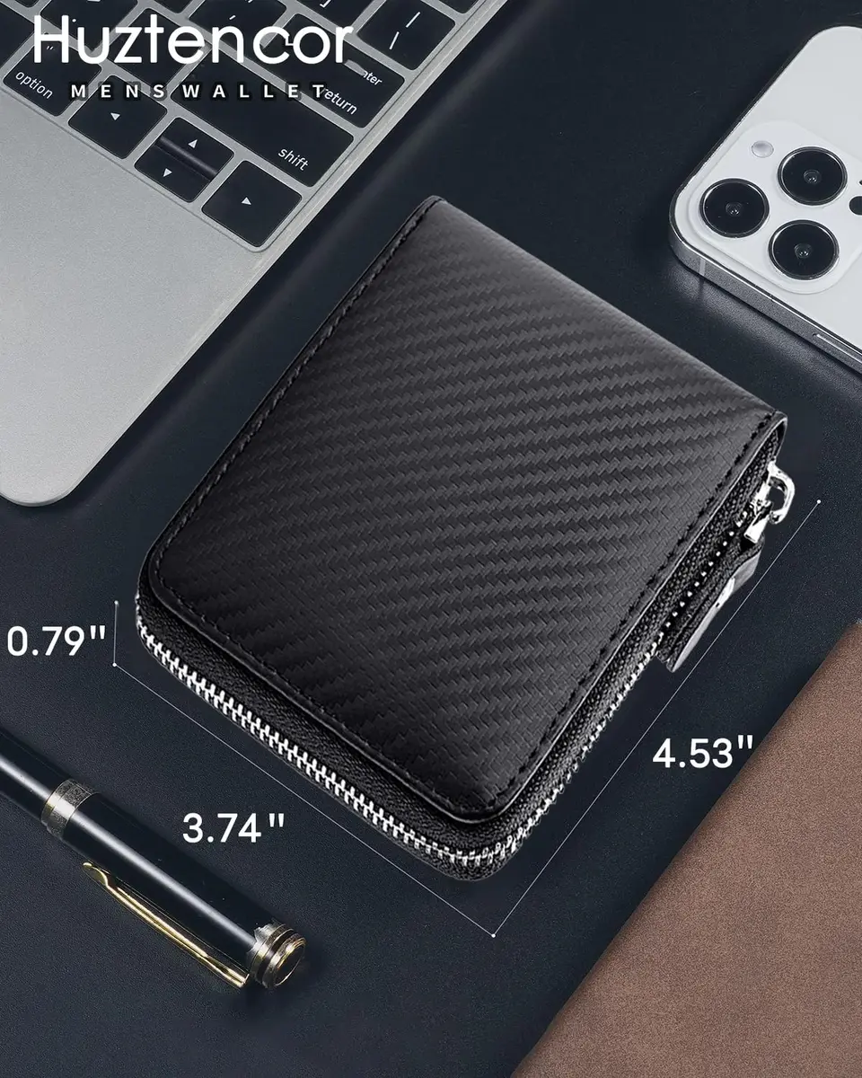 Huztencor RFID Blocking Leather Zipper Wallet for Men | Carbon Fiber Black, 11.5cm x 10.5cm x 2cm (4.5" x 4.1" x 0.8") - view 3