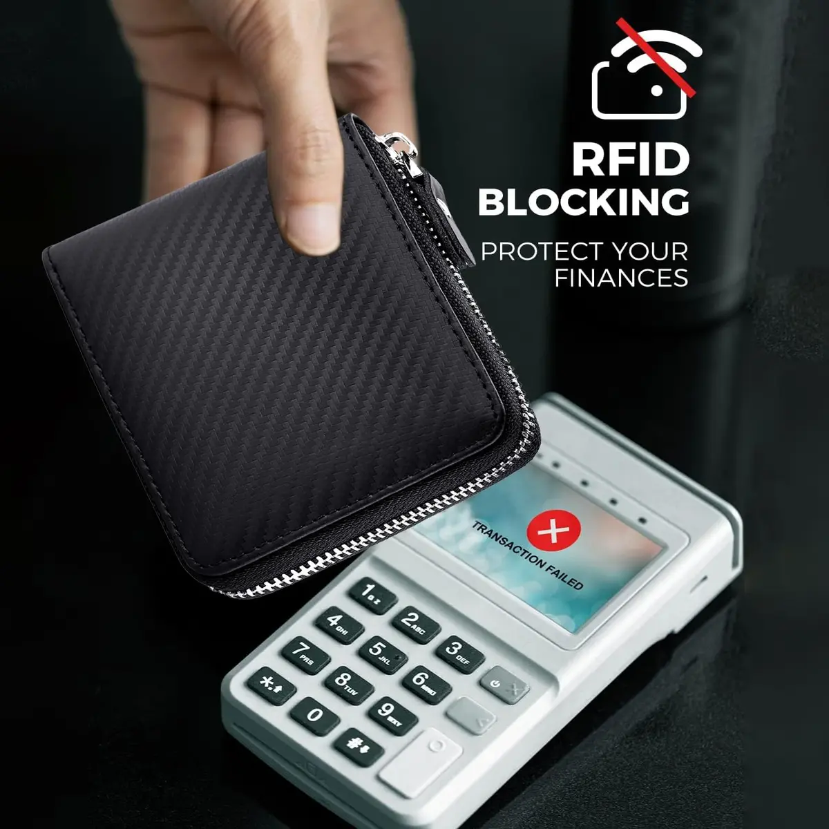 Huztencor RFID Blocking Leather Zipper Wallet for Men | Carbon Fiber Black, 11.5cm x 10.5cm x 2cm (4.5" x 4.1" x 0.8") - view 4