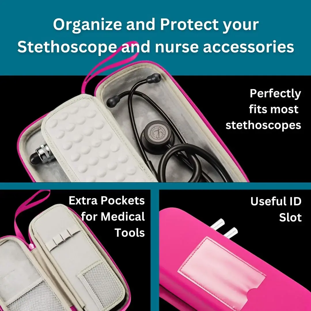 caseling Pink Stethoscope Case with ID Slot & Pockets | Fits 3M Littmann Classic III, Lightweight II S.E, MDF Acoustica | Hard EVA Holder for Nurses (10.8" L x 4.1" W x 2.4" H) - view 5