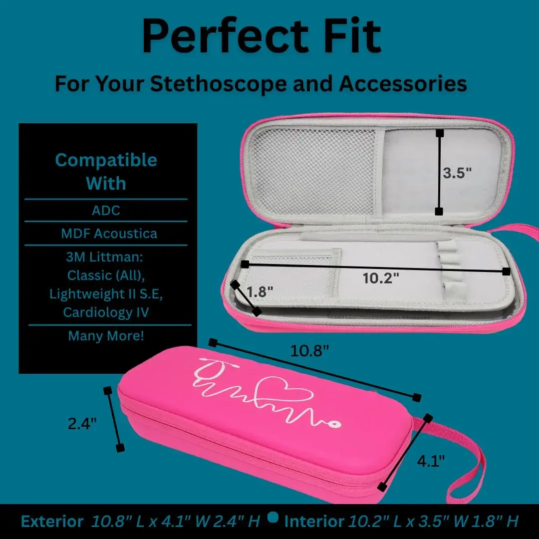 caseling Pink Stethoscope Case with ID Slot & Pockets | Fits 3M Littmann Classic III, Lightweight II S.E, MDF Acoustica | Hard EVA Holder for Nurses (10.8" L x 4.1" W x 2.4" H) - view 3