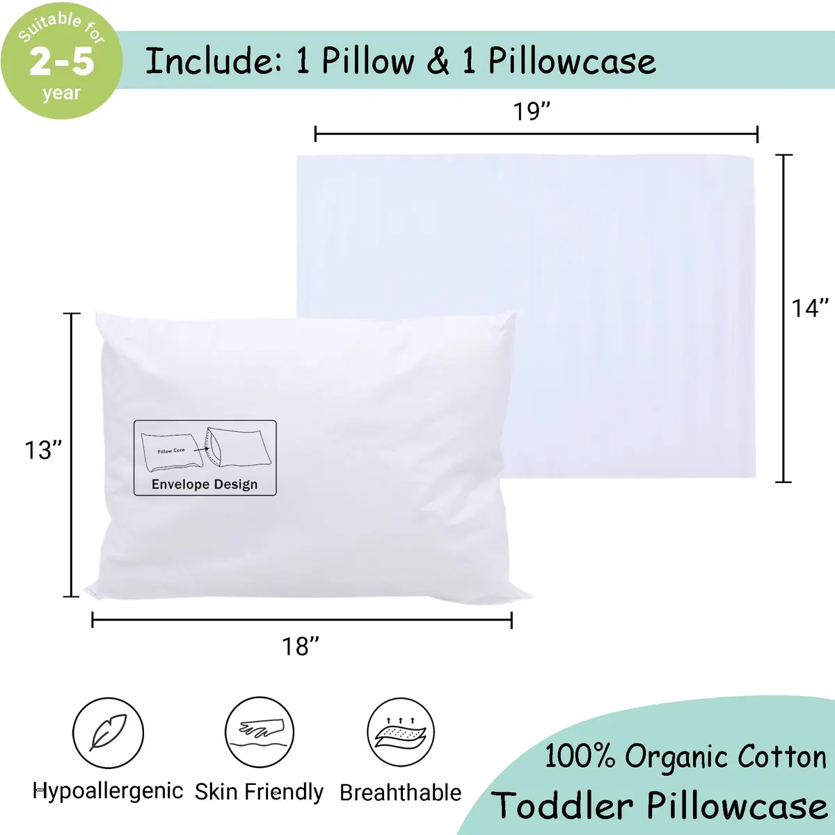 ZPECC Toddler Pillow with Pillowcase 13x18 Organic Cotton Hypoallergenic Kids Pillow for Travel & Nursery - view 2