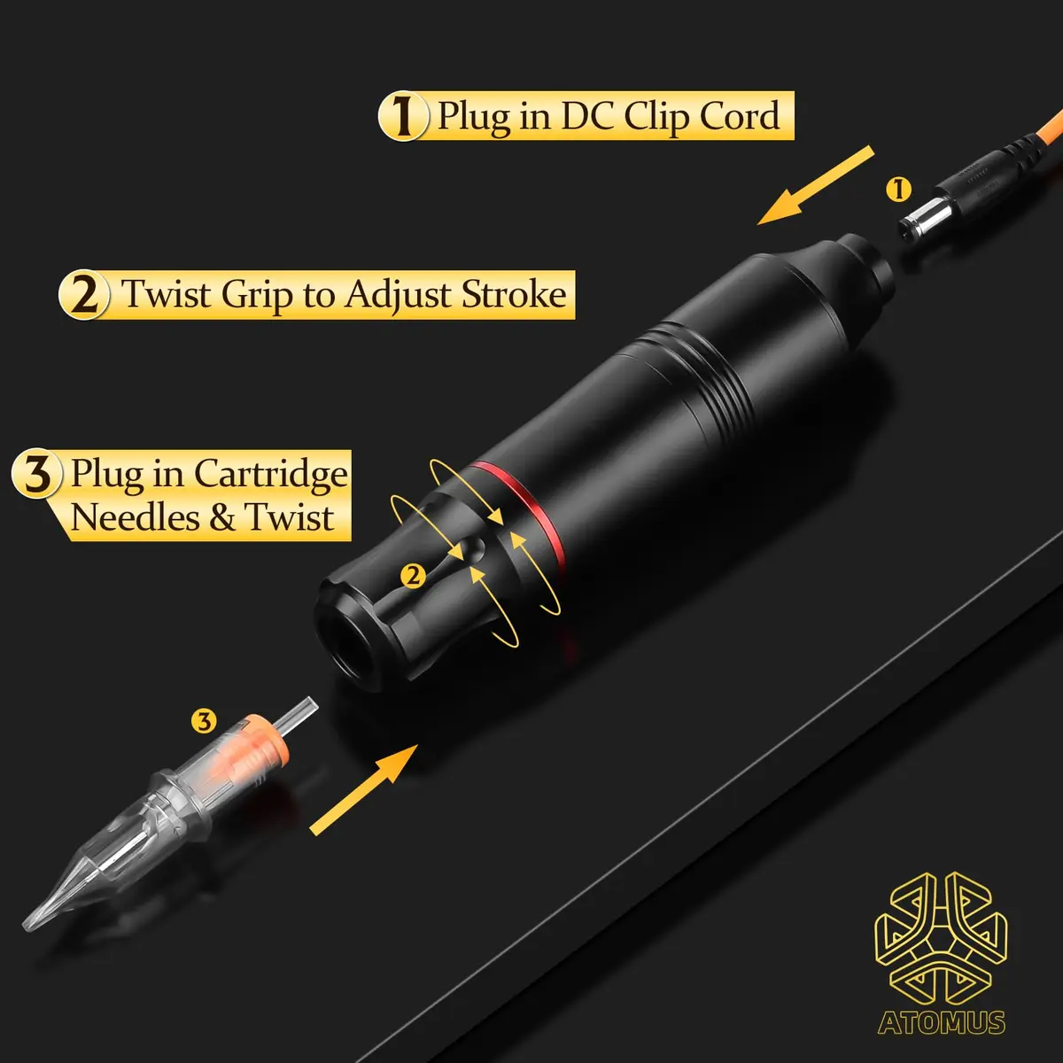 ATOMUS Rotary Tattoo Machine Pen Style Cartridge Machine Gun Liner Shader with DC Cord 9000r/m Motor Zinc Alloy Tattoo Machine Kit for Body Art Tattoo (Black) - view 6